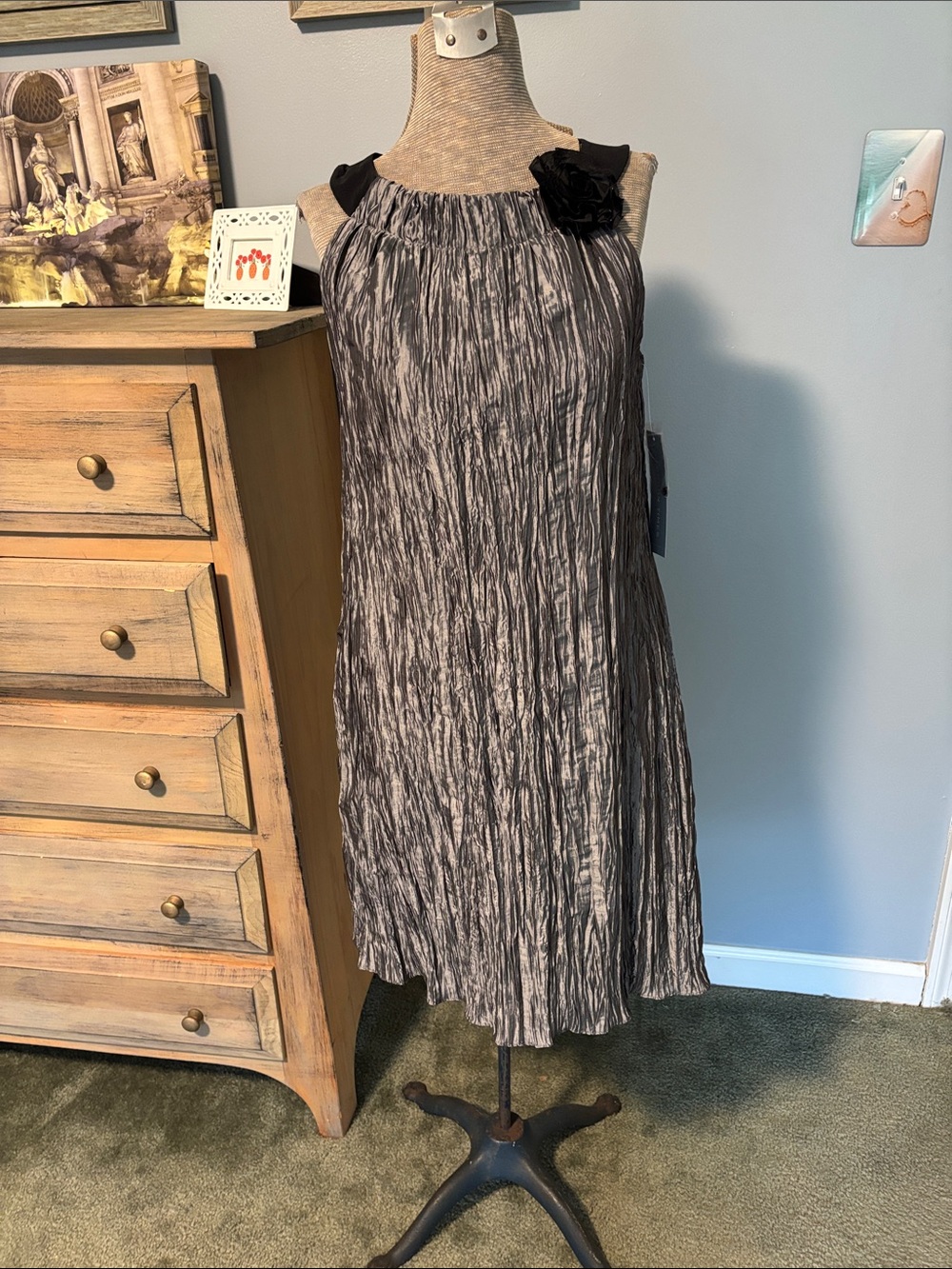 London Times Vintage Lined Gray pleated A-Line Dress